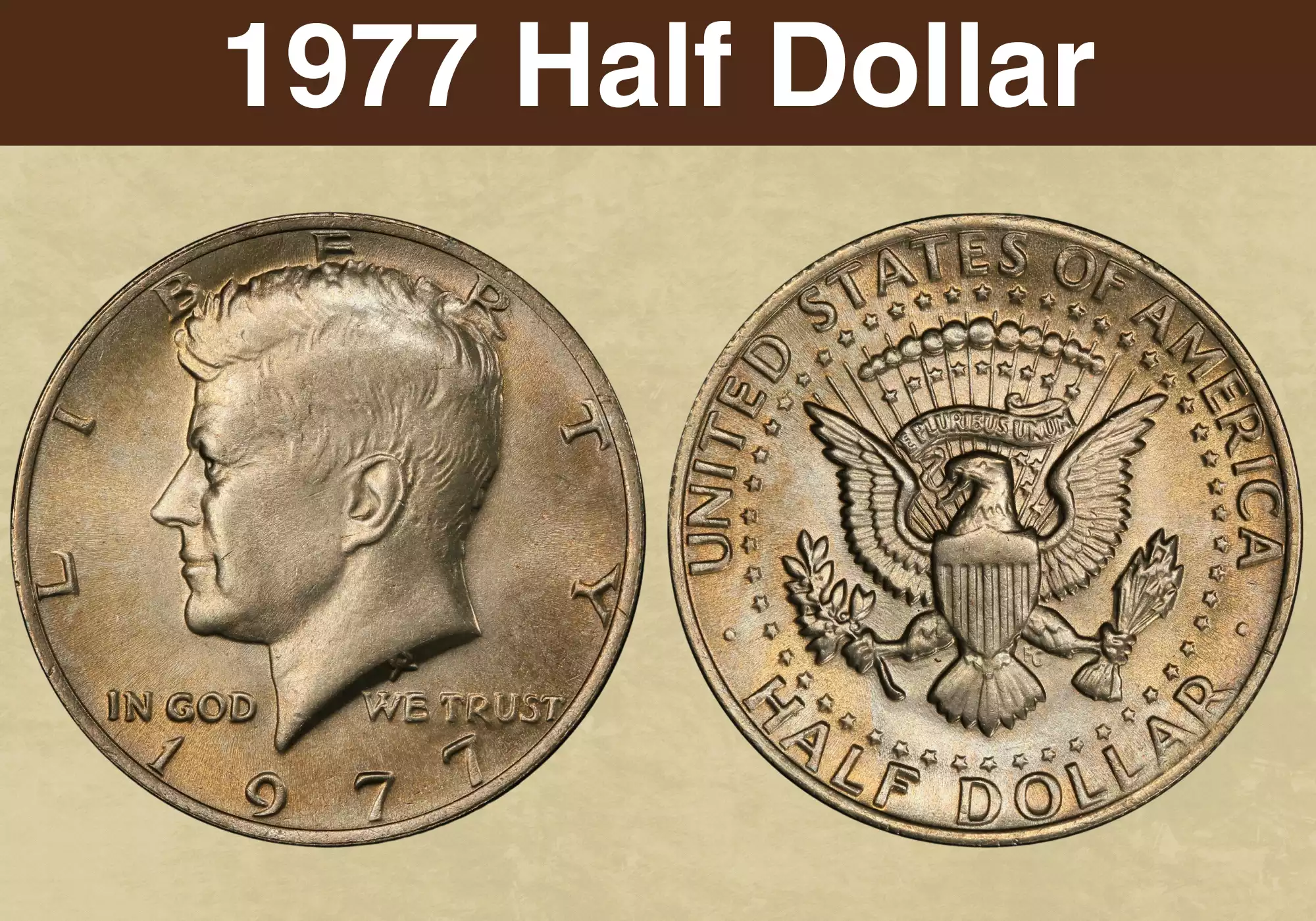 1977 Kennedy half dollar obverse and reverse showing Kennedy portrait and Presidential Seal eagle design
