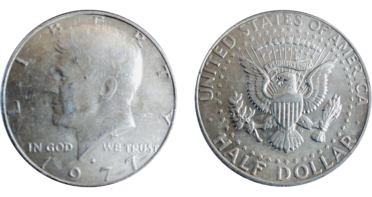 Side-by-side comparison of standard 1977-D half dollar versus rare 1977-D silver planchet error, showing edge and color differences