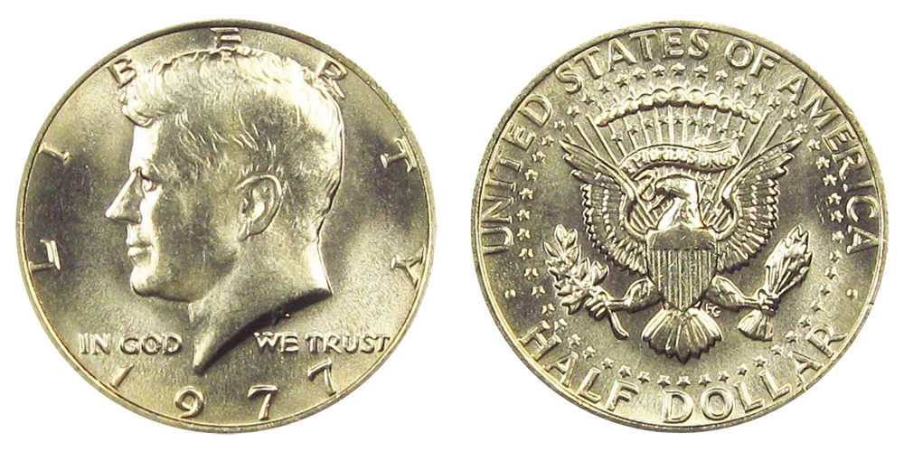 Group of 1977 Kennedy half dollars from Philadelphia, Denver, and San Francisco mints showing all three varieties