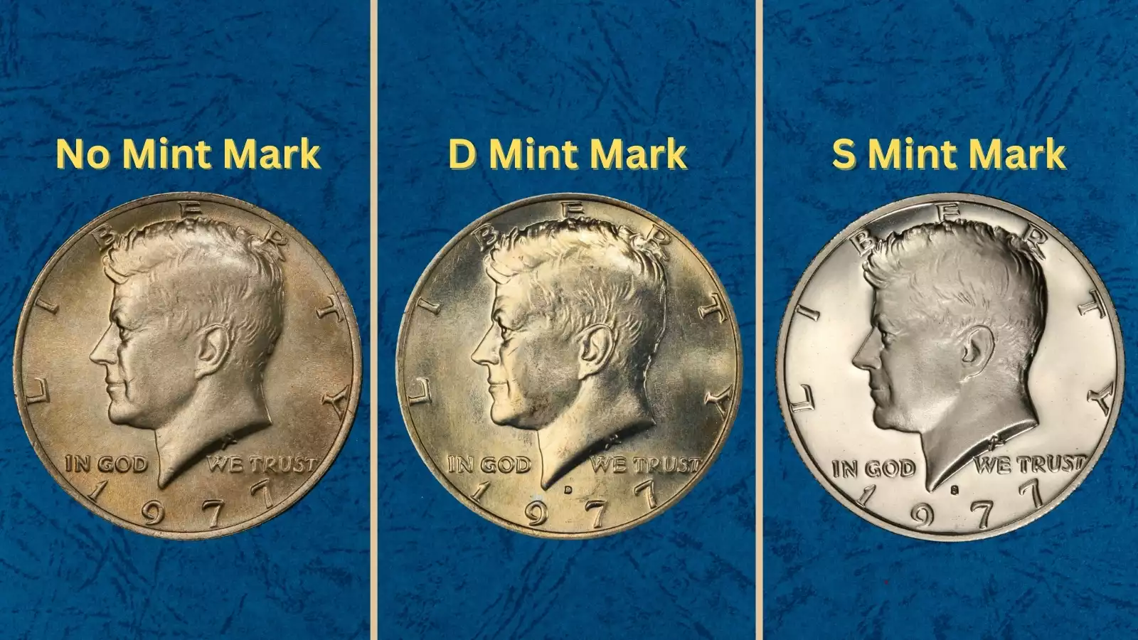 Grading strip showing four 1977 Kennedy half dollars from worn circulated through gem uncirculated condition